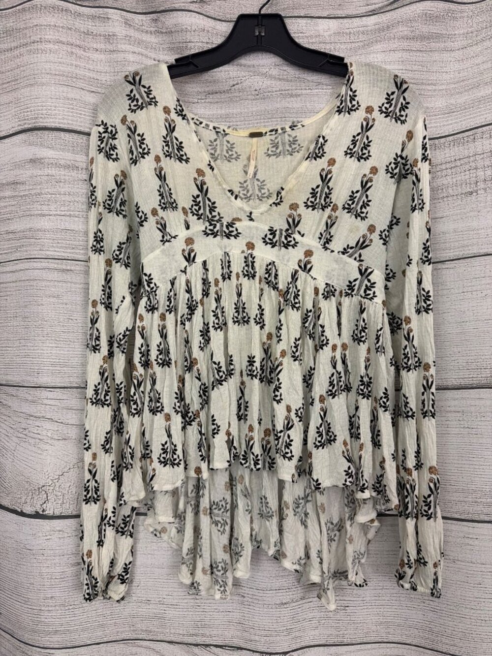 Free People Ivory Floral Print Long-Sleeve Babydoll Top Size S